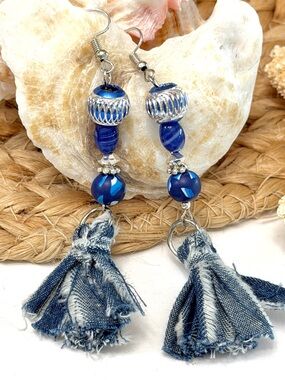 Boho Beaded Denim Tassel Earrings
